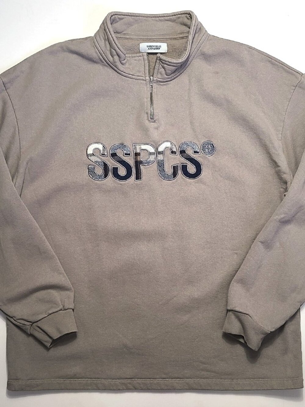 Suspicious Antwerp Men's XL Quarter Zip Sweatshirt Logo Sweater Beige